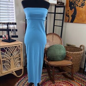 Wild Fable Cerulean Blue Ribbed Strapless Bodycon Tube Midi Maxi Dress